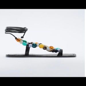 Zara Black Square Toe Beaded Tie Sandal, Size 38 (8)